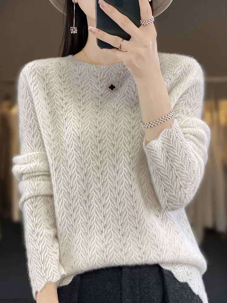 2024 New Women 100% Merino Wool O-Neck Pullover Cashmere Sweater Autumn Hollow Out Jumper Peacock Pattern Knitwear Tops