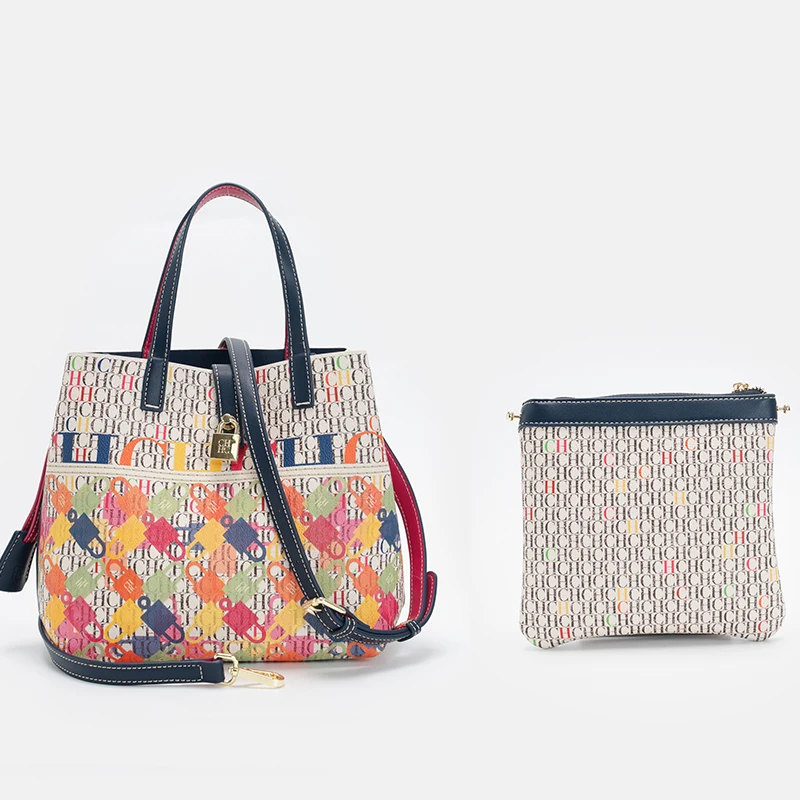 CH Letter Print Tote Bag Set 2 in 1 Large Capacity Women Handbag with Detachable Strap + Mini Clutch Casual Office Shopping Bag image 2