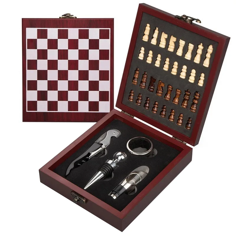 

Set Of Wine Opener With Chessboard, 4-Piece Wine Accessories Set, Suitable For Entertainment, Wine Lovers, Hosts And As Gifts