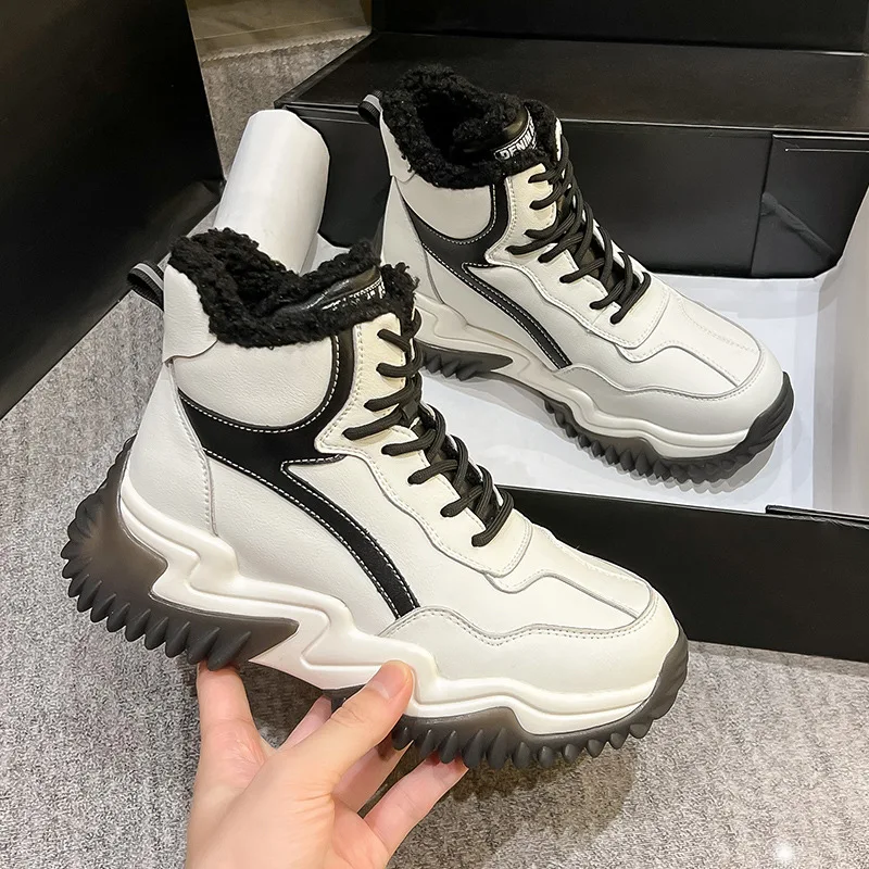 

Winter Ladies Snow Boots Plush Warm Leather Waterproof High Top Casual Sneakers Sport Thick Bottom Footwear Women Ankle Boots