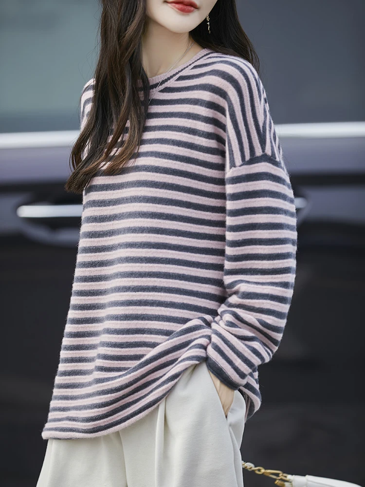 

Fashion 100% Merino Wool Sweater for Women Basic O-Neck Knit Striped Pullover Long Sleeve Loose Clothing Autumn Winter Soft Top