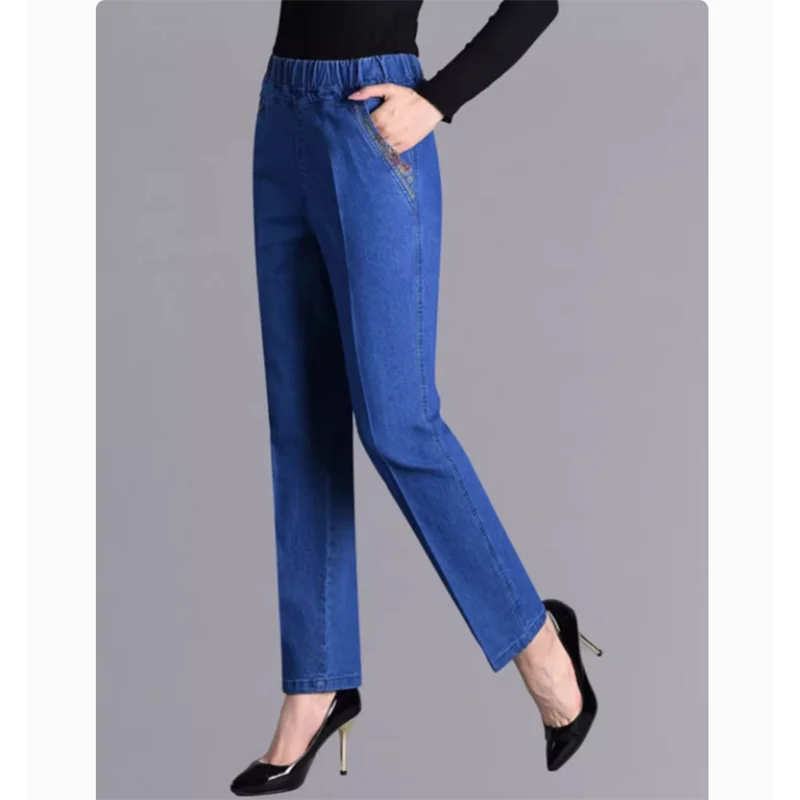 

Elastic Mother Jeans Summer Thin Large Loose Straight Denim Pants High Waist Middle Aged Elderly Casual Women's Denim Trousers