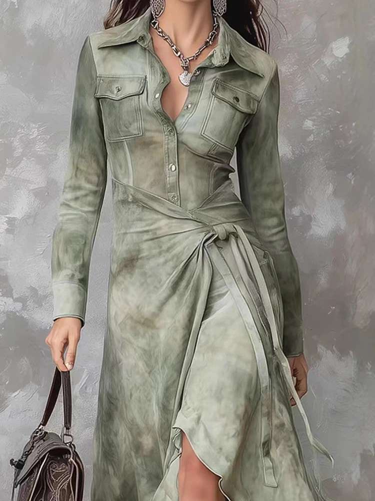 

Turn-Down Collar Lacing Up Patchwork Dress, Women Spring Autumn Long Sleeve Casual Maxi Dress, New Printing Simple Ladies Dress
