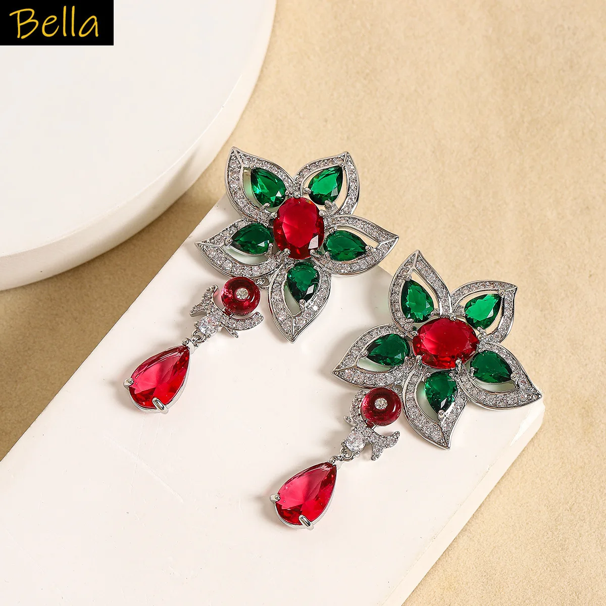 

shiny cubic zirconia green flower earrings red waterdrop pendant luxury jewelry evening party daily wear earrings women gift