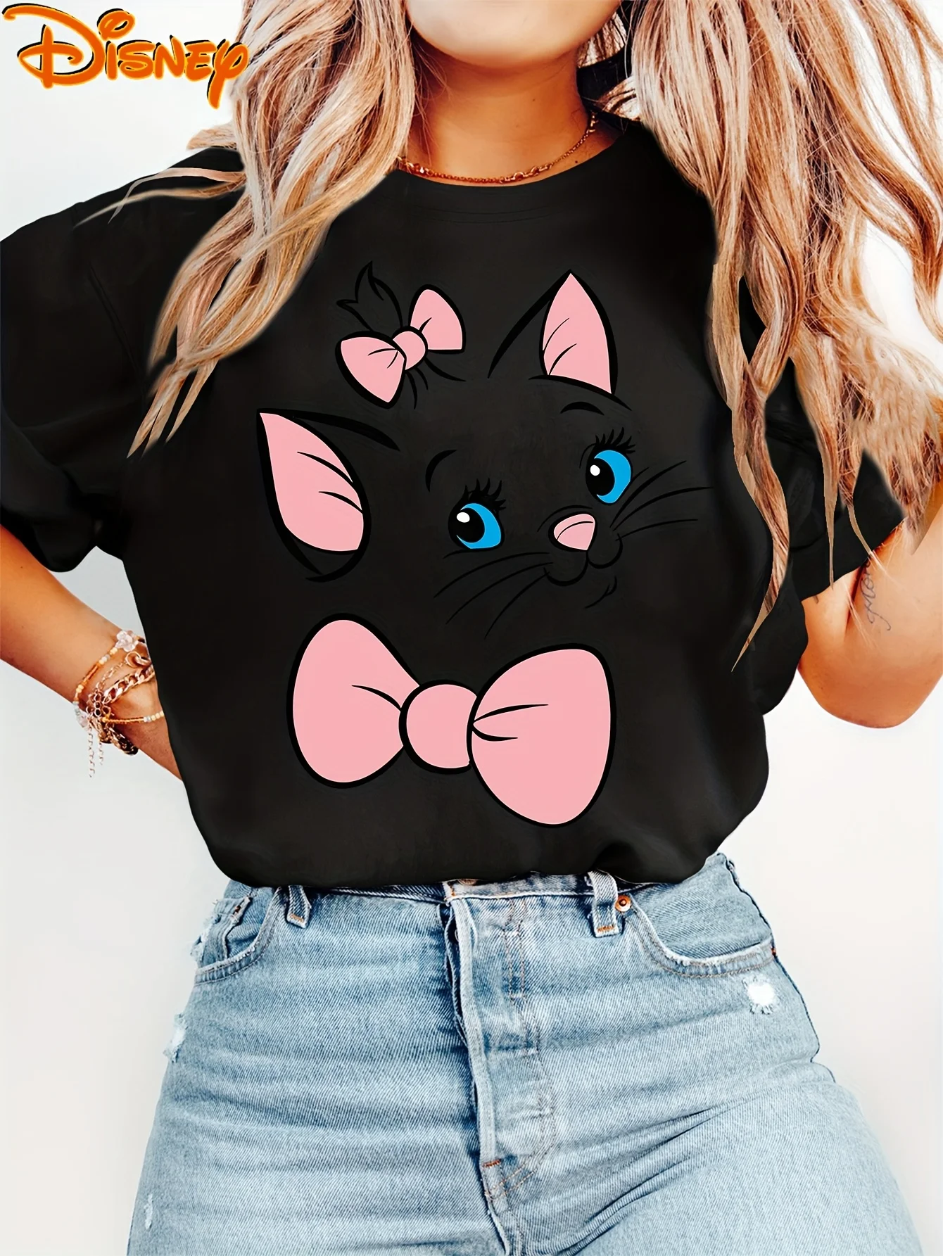 MINISO 여성용 디즈니 마리 고양이 티셔츠 오넥 반팔 캐주얼 오버사이즈 편안한 스트리트웨어 탑 의류 휴가