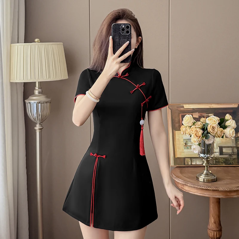 2026 New Chinese Style Black Tassel Cheongsam Dress+Shorts 2 Piece Set Women Red Green Side Split Slim Fit Summer Outfit view 6