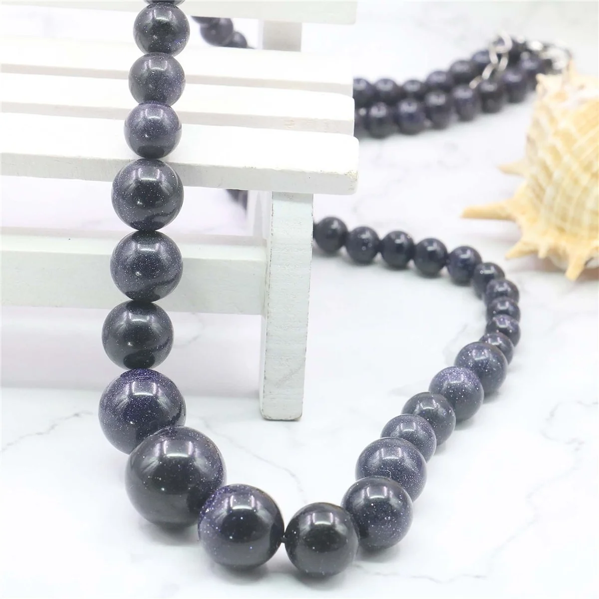 

6-14mm Galaxy Staras Blue Sand Sun Sitara Gems Round Beads Necklace Natural Stone DIY Jewelry Making Design 18" Women Gifts