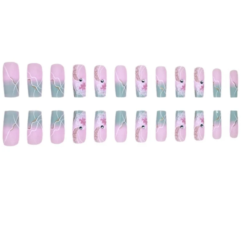 24Pcs Sweet Medium Square False Nails with Glue Blush Pink Flowers Fake Nails Full Cover French Acrylic Press on Nails for Girls