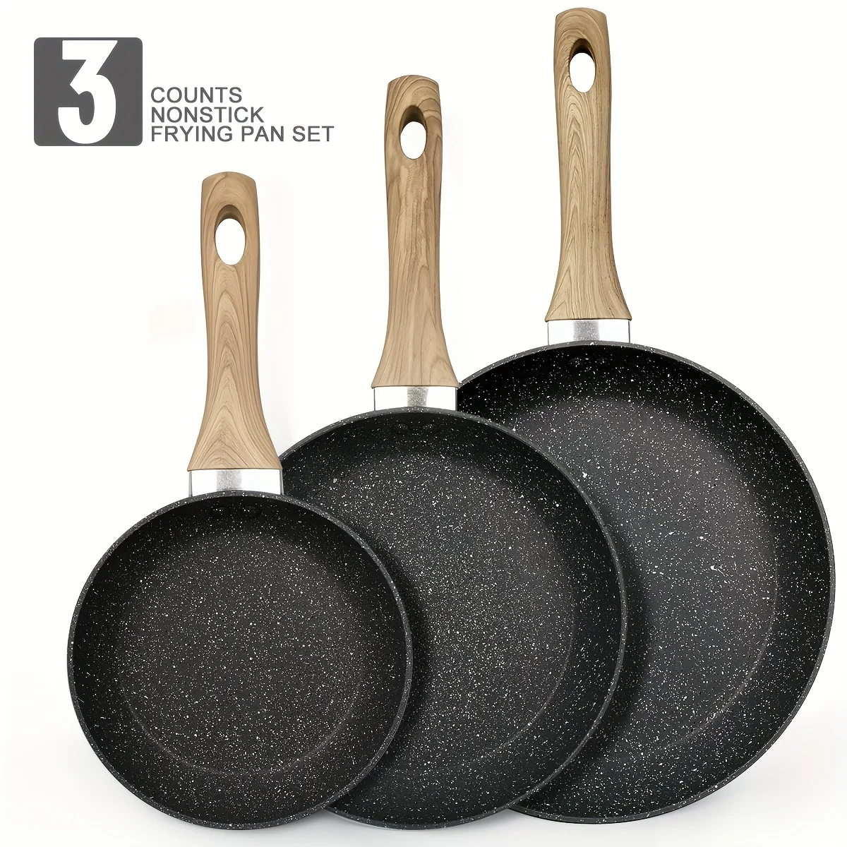 

Non Stick Fry Pan Set 3pcs, 7/9/11 Inch Induction Oven Broiler Safe 400F, Cookware, Kitchen Cooking Set, Pots Pans, Skillets, Frying Pans, Dining, Canteen, Gathering, Dishwasher Safe, Black Set