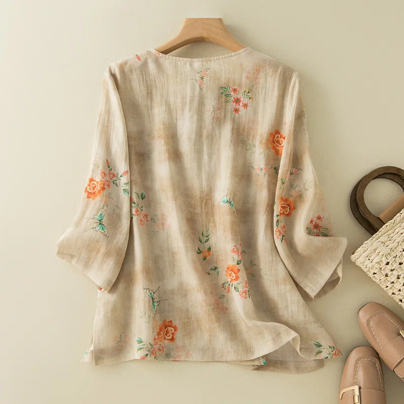 Chinese Style Apricot Floral Printing O-Neck Short Sleeve T-shirt Women\'s Blouse Shirt Korean Fashion Female Clothing Tops 2024