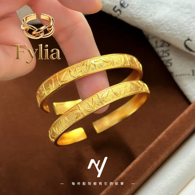 

Fylia Jewelry 2025 new 24K ethnic style new Chinese design 9999 real opening national style bamboo leaf opening bracelet