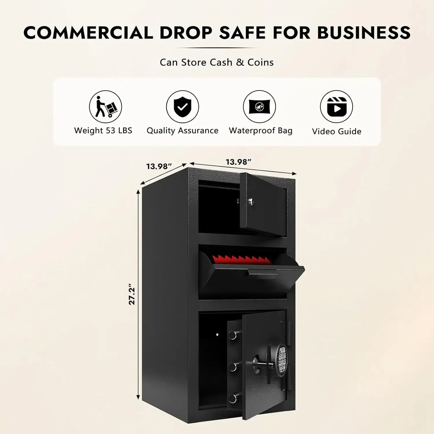 4 CUB Dual Door Drop Safe Heavy Duty Steel Security Box with Digital Combination Lock – Includes Fireproof Waterproof Bag – for