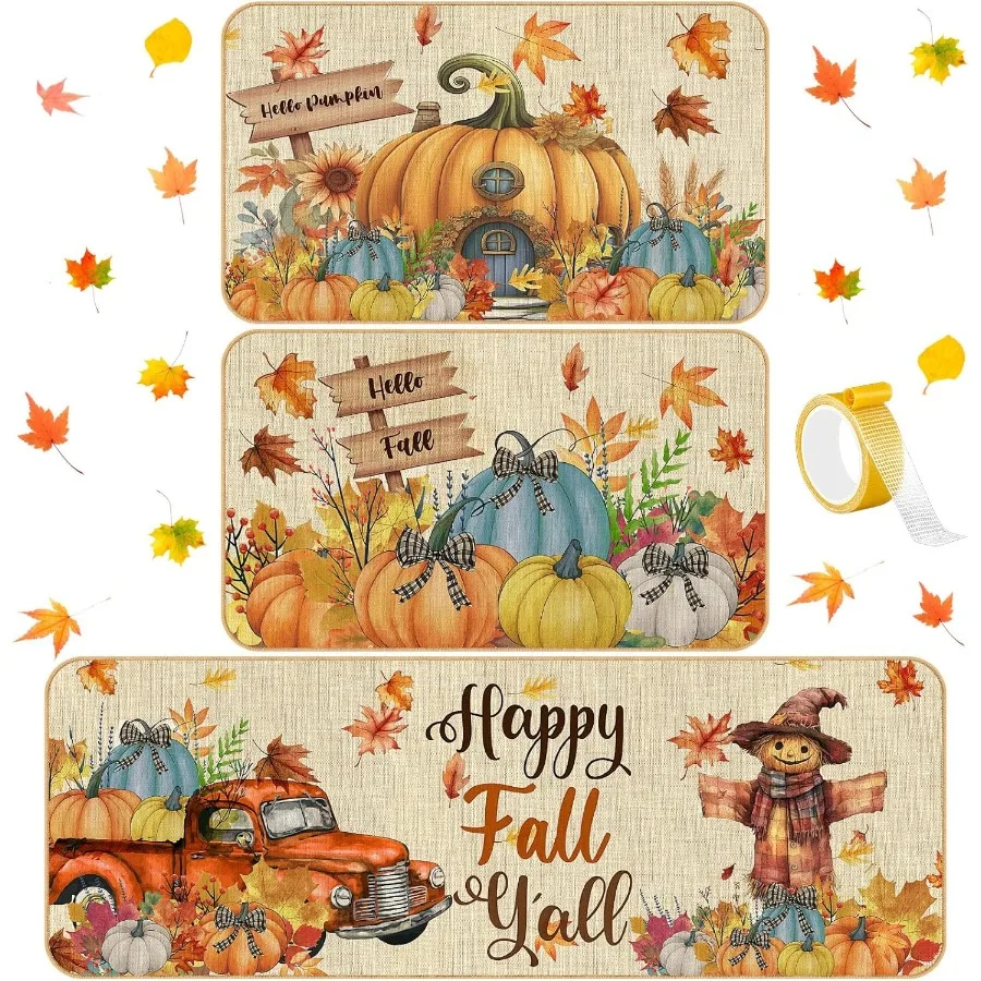 

3 шт. осенние кухонные коврики с тыквой, коврик для пугала, ретро-стиль, нескользящий кухонный напольный коврик, моющийся осенний стоячий коврик для дома и офиса