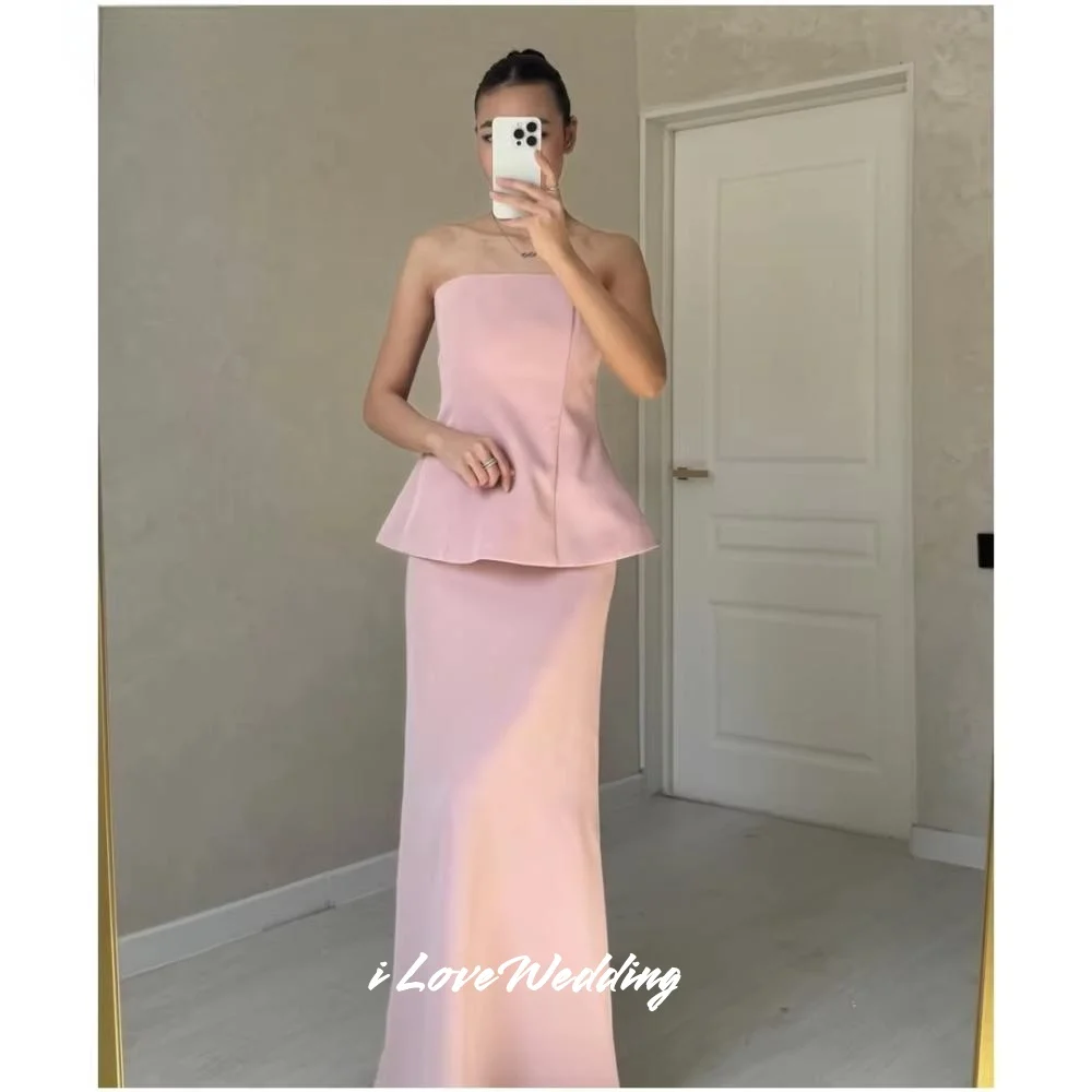 

Pink Strapless Evening Dresses 2025 Satin Sleeveless Mermaid Floor-Length Pleated Prom Dresses Wedding Party Dresses Customized
