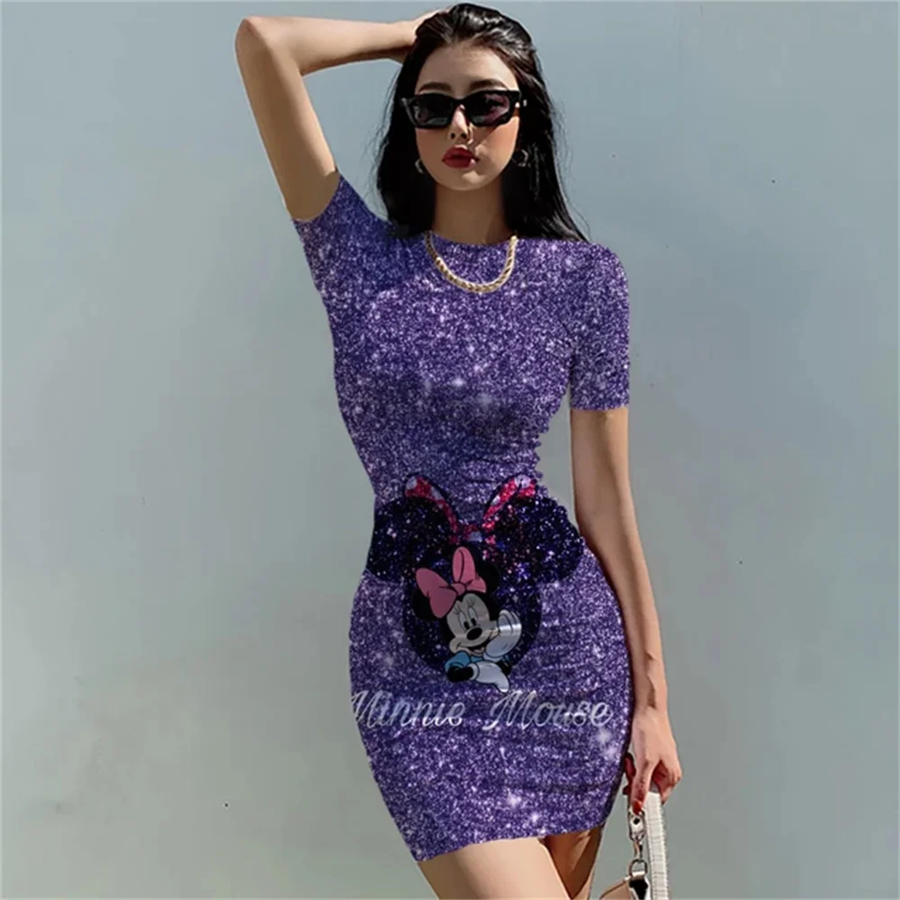 

Disney Minnie Mickey Round Neck Short Sleeve Skirt Girl's Short Dress Sexy Tight Hip Dress High Street Harajuku Cartoon Dress