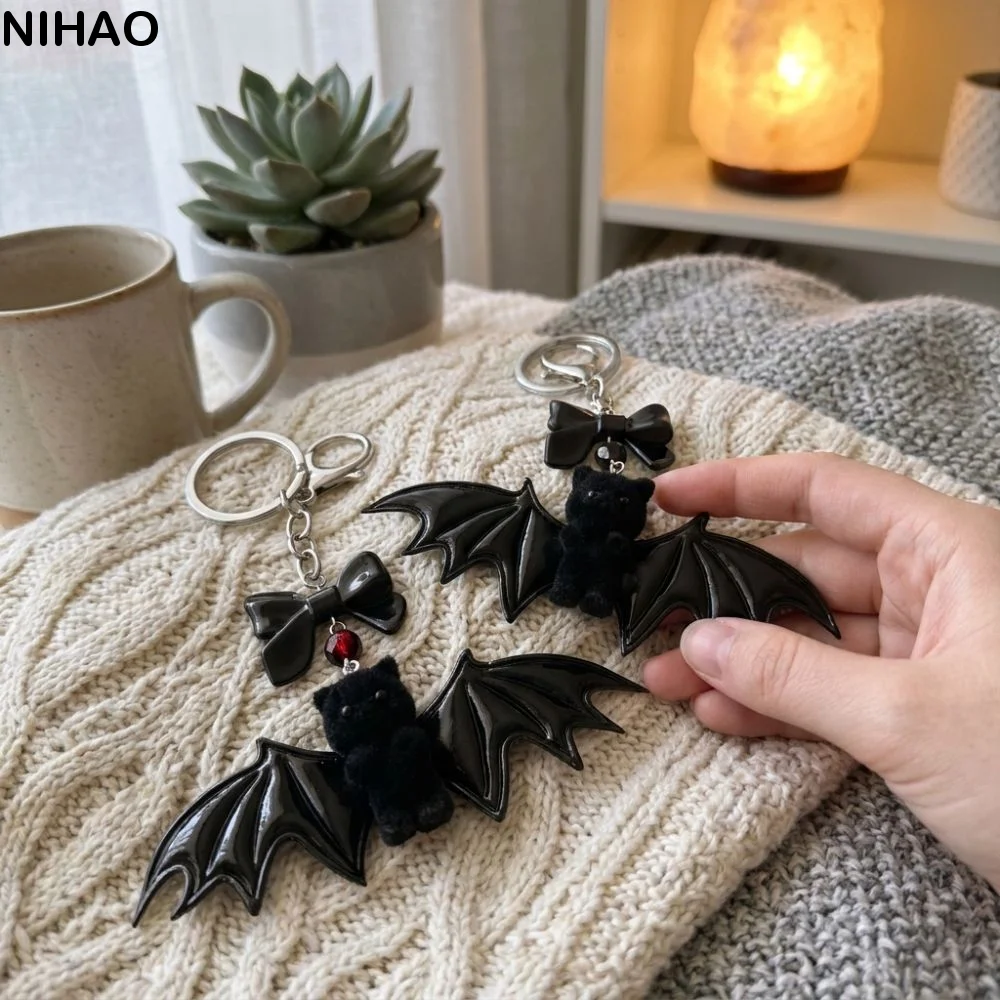 Gothic Style Bear with Wing Keychain Dark Fluffy Novelty Bow Bat Bear Bag Pendant Soft Touch Animal Plush Bat Bear Keyring