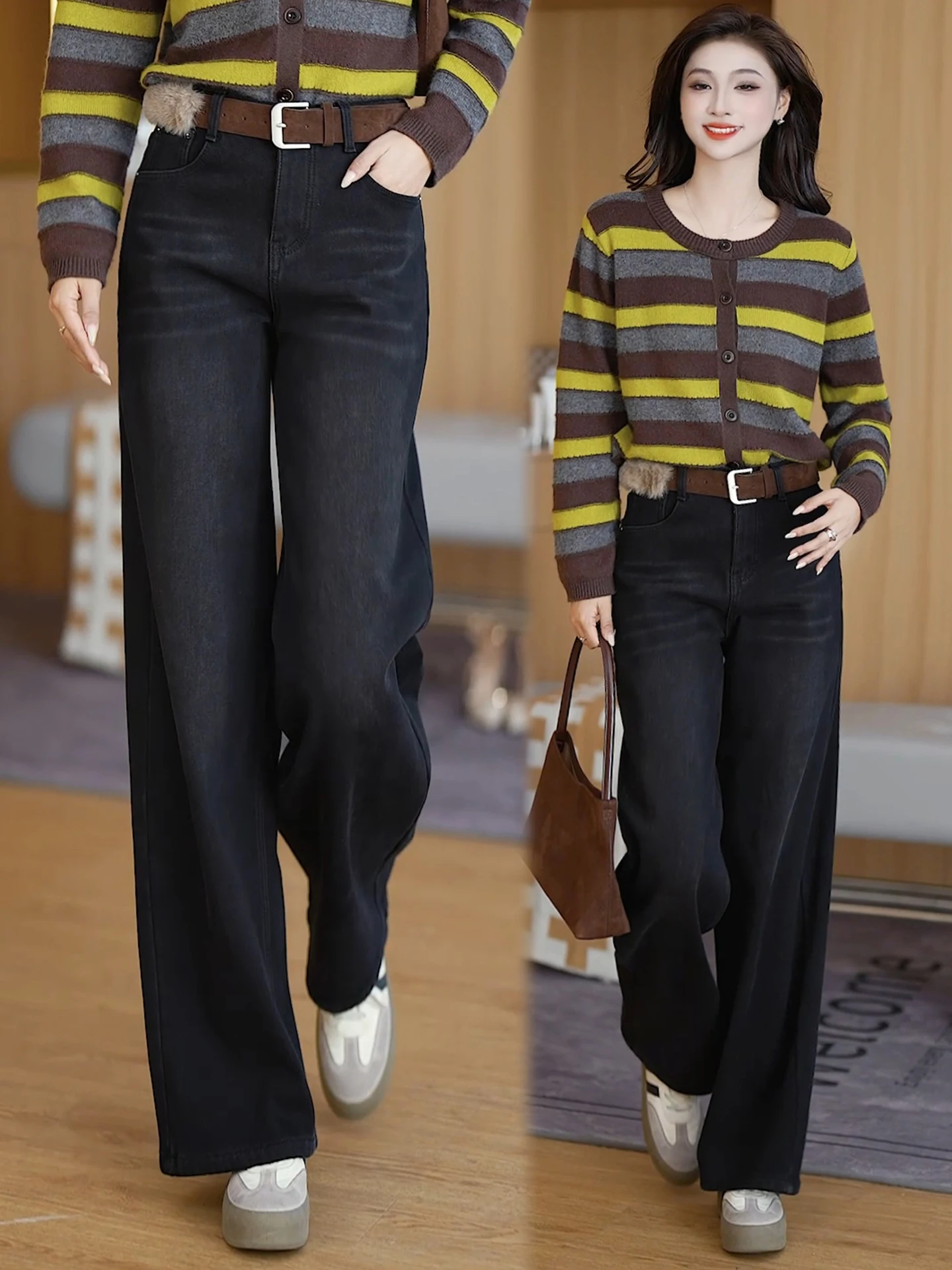 

Женские джинсы с высокой талией, широкими штанинами, на флисовой подкладке, свободного кроя, прямые, стройнящие, повседневные, из хлопкового денима, осень-зима