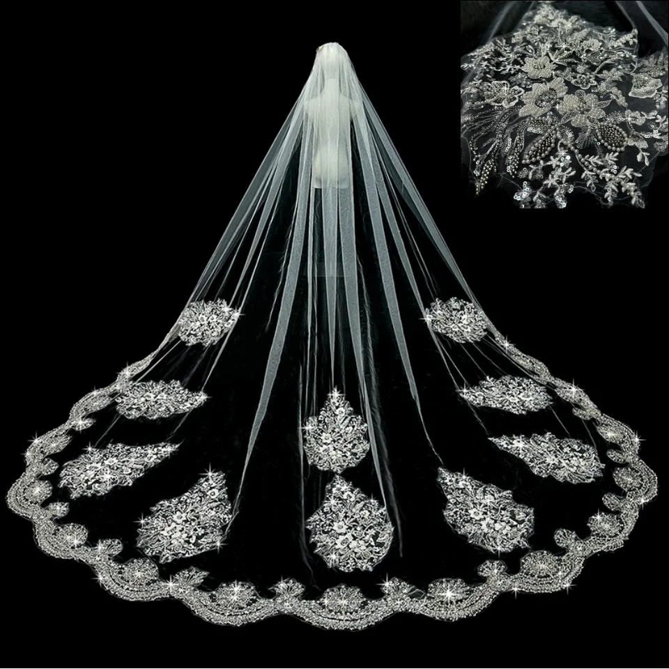 

Heavy Beaded Wedding Veils for Bride 3.5 Meters Long Cathedral Length Veil with Comb Lace Appliqued Headdress Hair Accessories