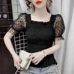 Women's Design Square Neck Waist Shirt 2023 Summer Short Sleeved Blusas Clothes for Women Tops Shirts Blouses