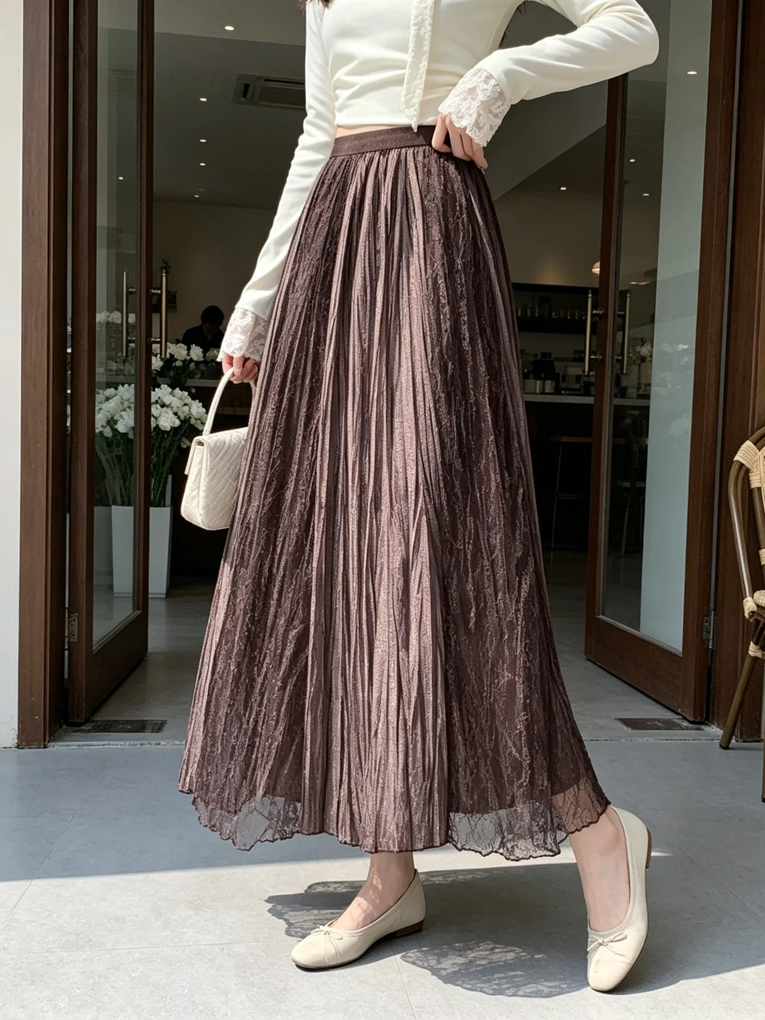 Elegant Coffee Brown Pleated A-Line  Skirt Women's High Waist Polyester Fiber Pressed Pleats Slimming Cross Covering Leat...