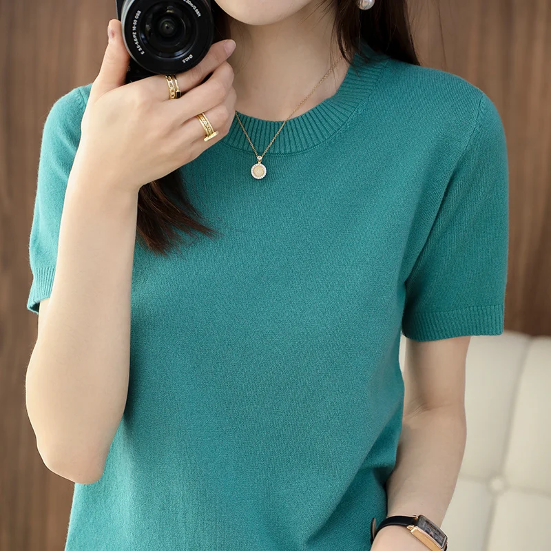 Women's T-Shirt Summer New Round Neck Versatile Pullover Solid Color Knit Casual Elegant Fashion Ladies Chic Short Sleeves