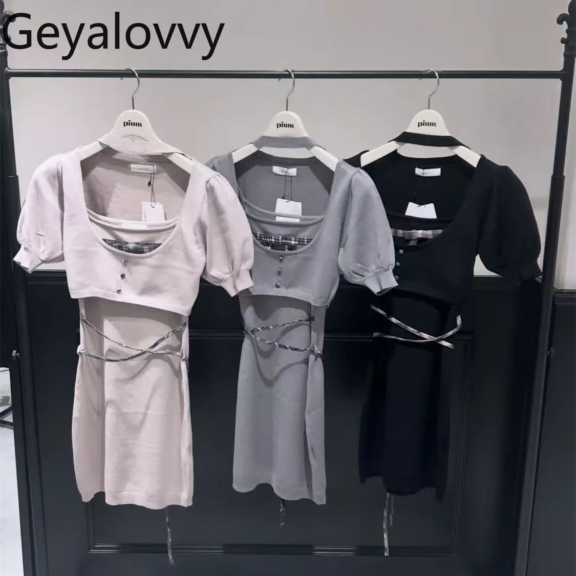 

Japanese Style Pure Original Grids Pattern Patchwork Bows Embellished Belt Silm Knitting Dress and Short-sleeved Cardigan