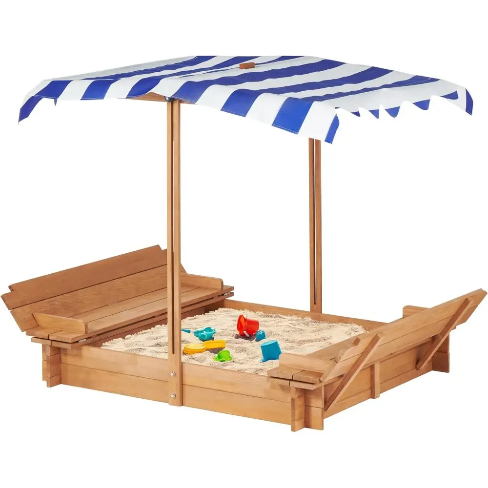 Kids Sandbox with Adjustable Cover, 46'' Wooden Sand Box with 2 Foldable Bench Seats, Outdoor Sandpit for Backyard Play