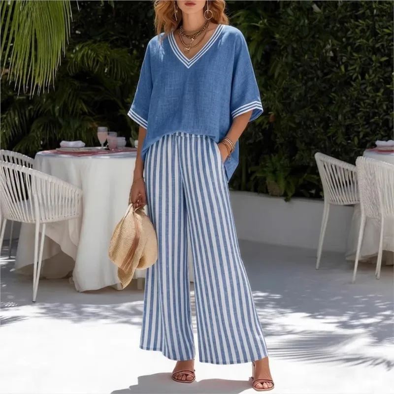 

Summer Casual New Women's Sets V-neck Short-sleeved shirt+Striped Printed Wide-leg Pants Streetwear Loose Two-piece Set Female