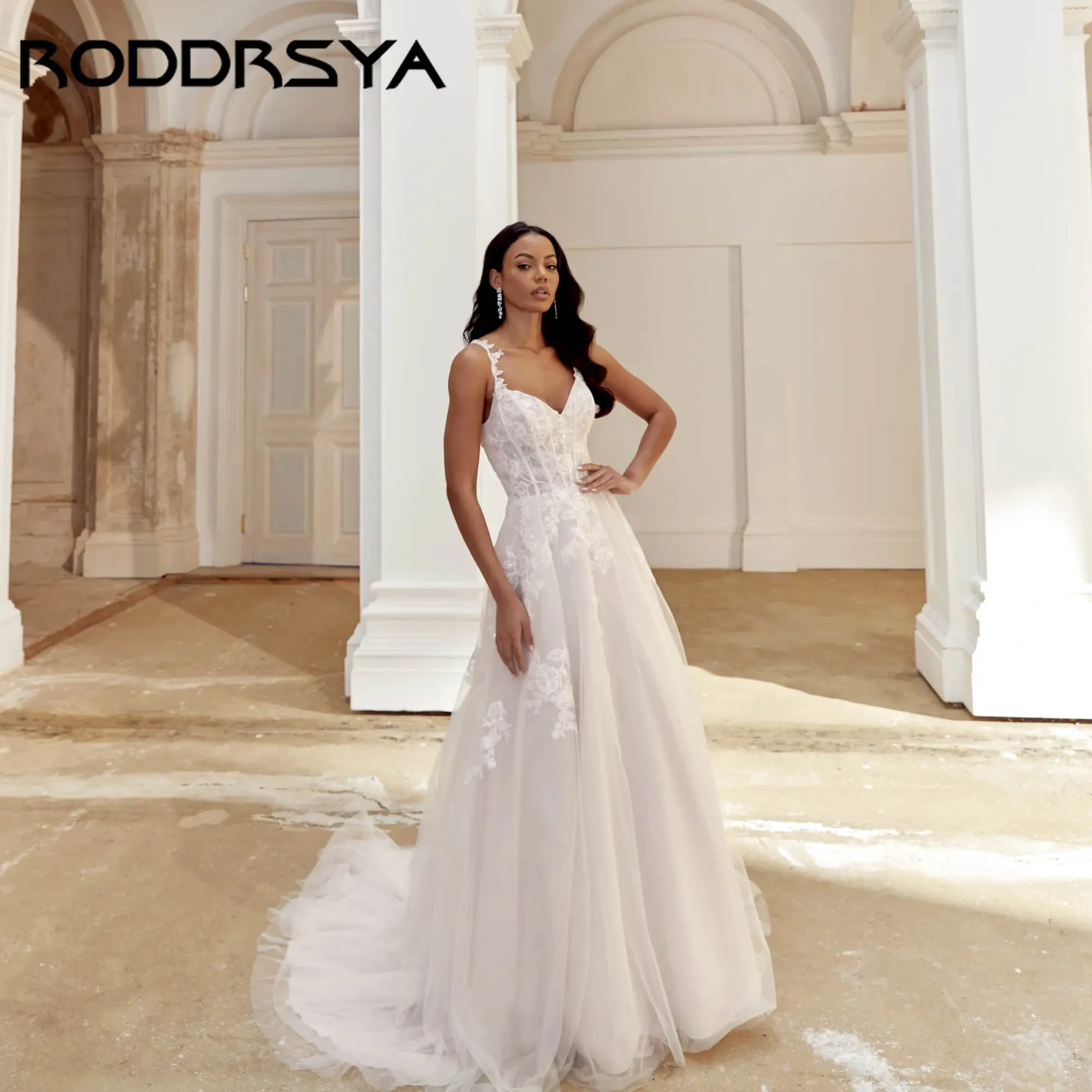 Suknia ślubna RODDRSY na ramiączkach spaghetti, aplikacje, dekolt w serek, linia A, tiulowa, elegancka, bez pleców, vestidos de novia, możliwość personalizacji