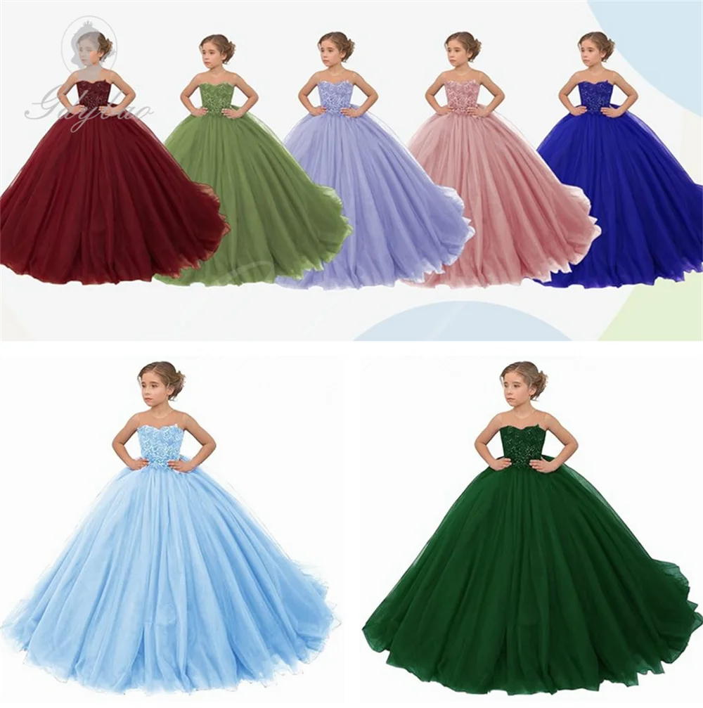 Puffy Tulle Flower Girl Dresses with Bows, Lace Appliques, Wedding Ball Gown, Princess Gowns, First Communion, 2023