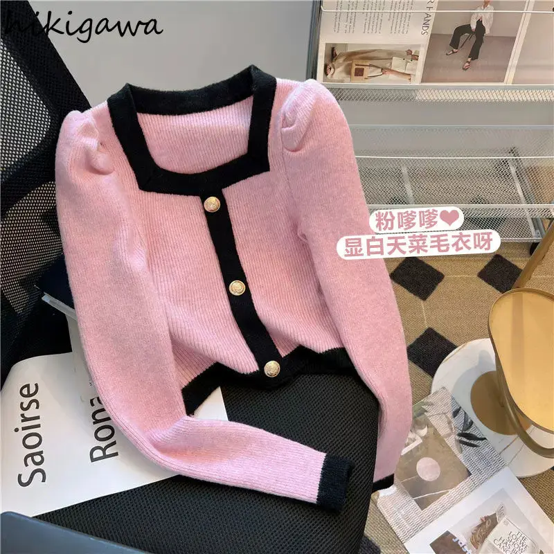 Sweet Sueter Mujer Knit Pullovers Women Puff Sleeve Single Breasted Square Collar Tunic Jumper Cropped Sweater Tops Pull Femme