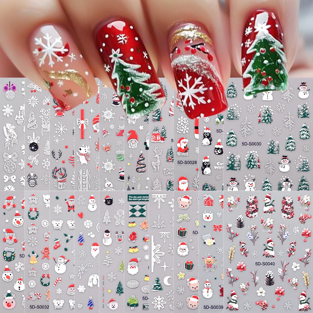 20 stks 5D Laser Zilver Glitter Kerst Nagelstickers Sneeuwpop Kerstman Pinguïns Elanden Nagelstickers Party Favor Vakantie Decorateur