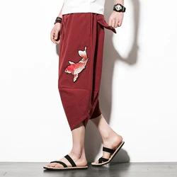Summer Men's Chinese Style Harem Pants Streetwear Fish Embroidered Casual Calf-Length Trousers 5XL