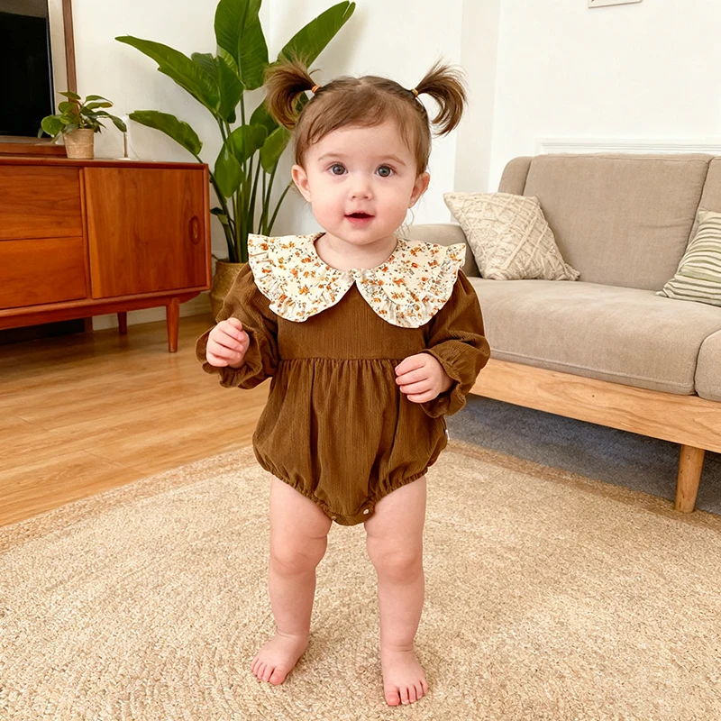 Spring New Toddler Baby Girls Romper 0-3Y Children Clothes Ruffled Long Sleeved Cotton Baby Clothing Flower Baby Girls Jumpsuit