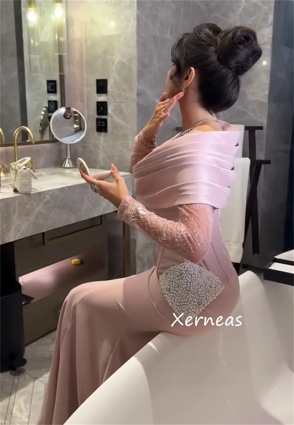 تخصيص بسيط جيرسي الطية البراقة الخامس الرقبة فساتين طويلة مخصصة مناسبة المشاهير النمط الصيني #3