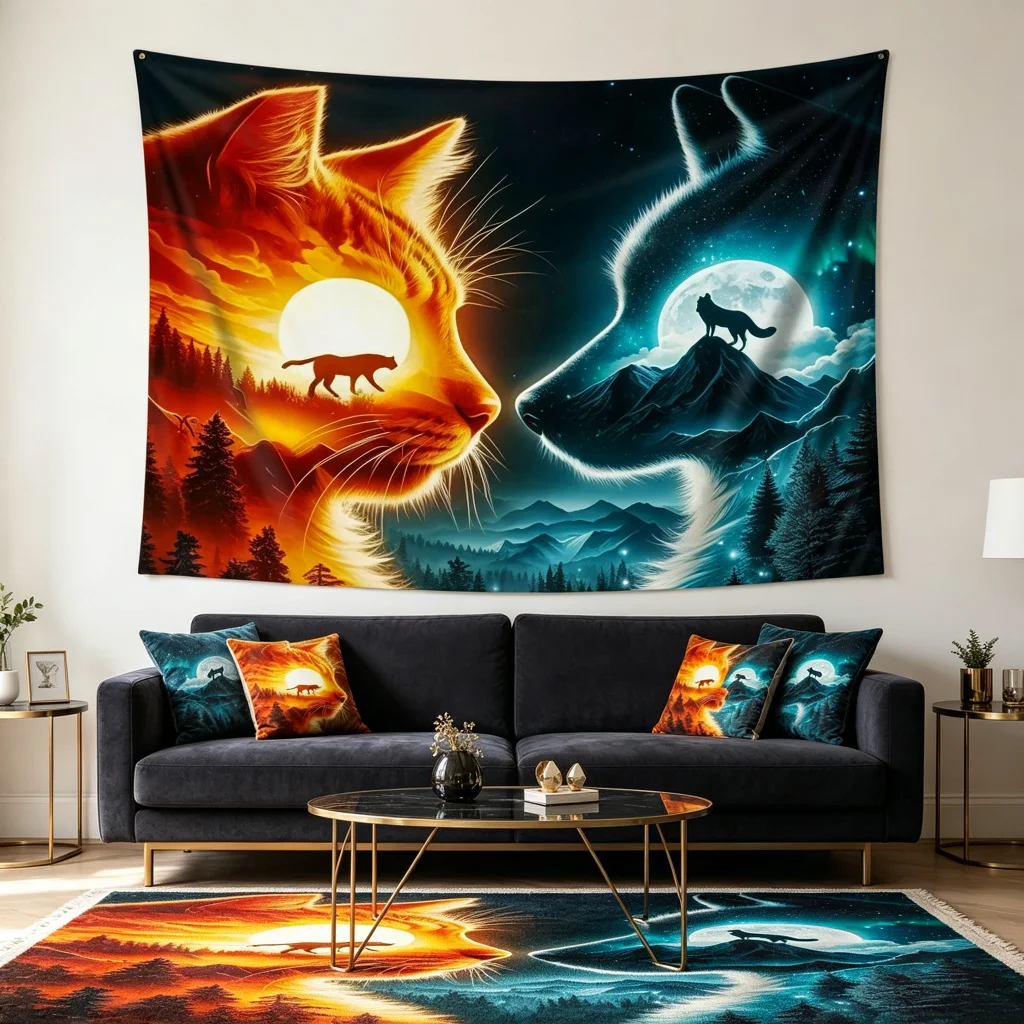 1PC Fire Cat Ice Wolf Forest Print Backdrop Banner, Bedroom Living Room Photo Background, Polyester, Home Decor, Wall Art