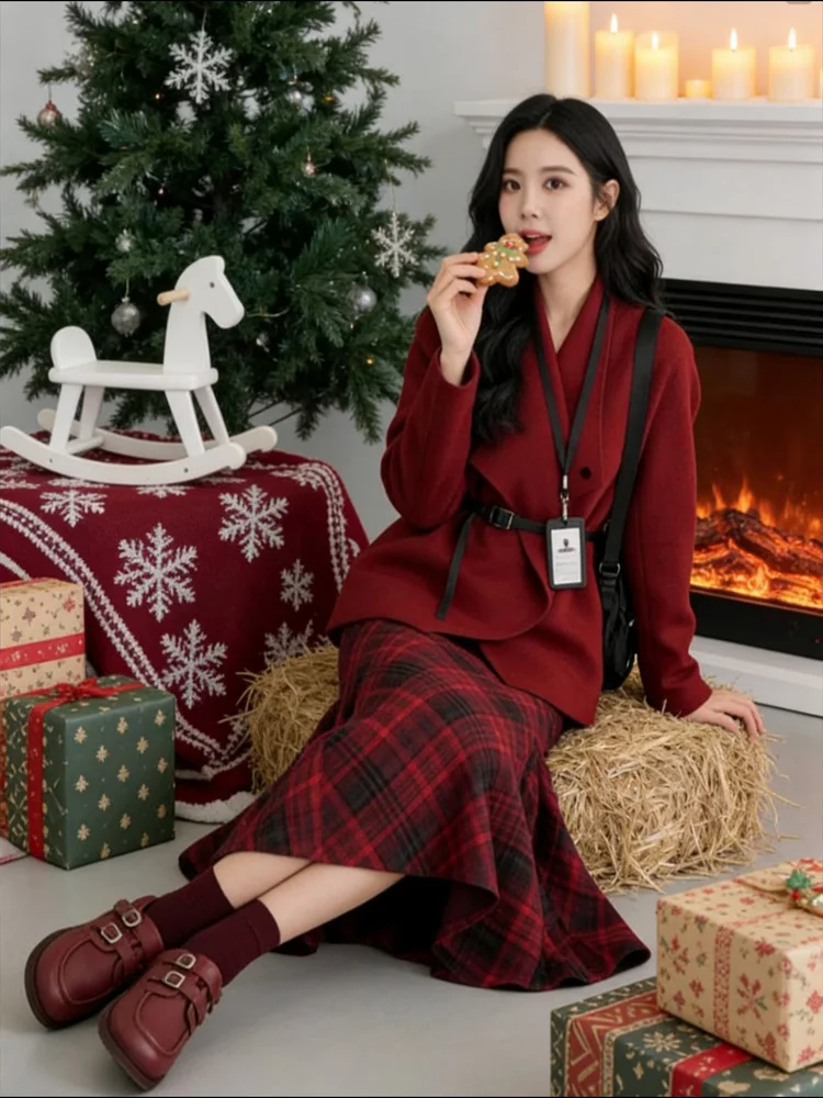 

Red Woolen Coat And Plaid Skirt Set Cisas New Year Aosphere Women's Faion Winter Outfit V-Ne Long Sve Open Cardigan