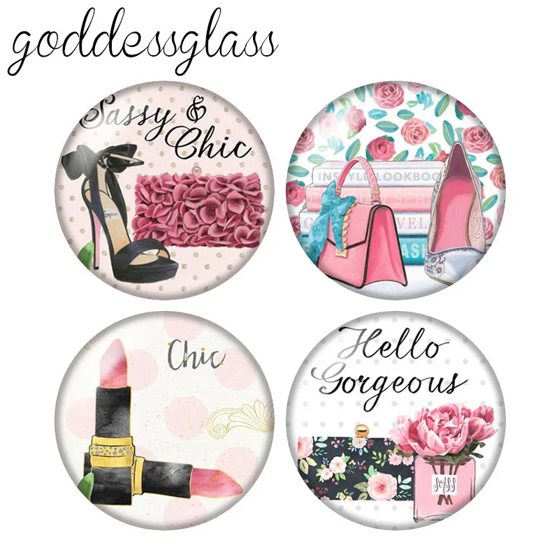 

Fashion Lady High heels perfume bag lipstick 10pcs 12mm/18mm/20mm/25mm Round photo glass cabochon demo flat back Making findings