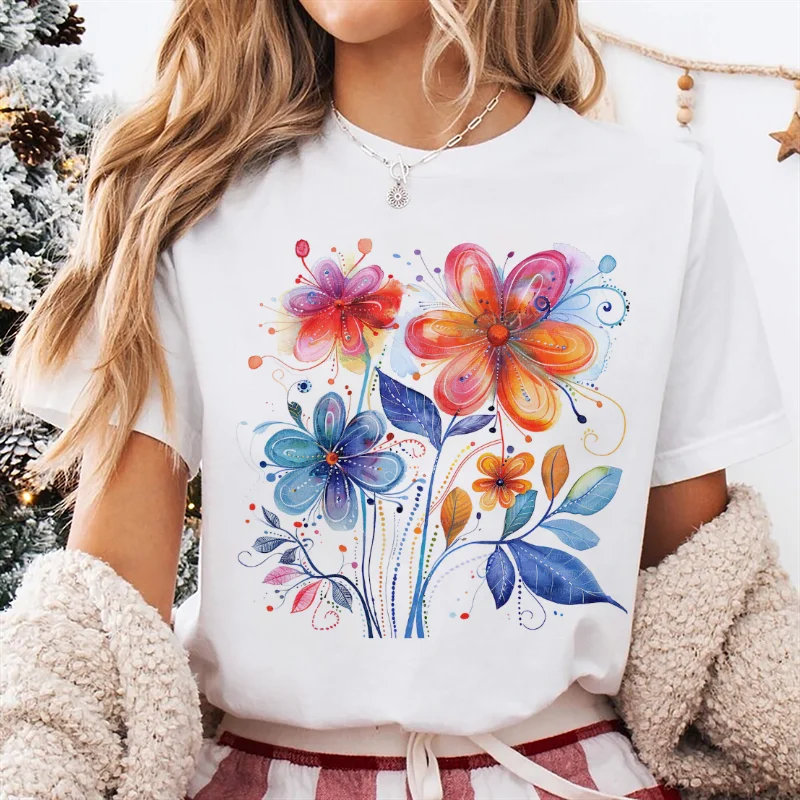 

Watercolor Flower Print T-Shirt Trendy Women's Top Short Sleeved Casual Style 90s Clothing Cartoon Popular Women's New T-Shirt