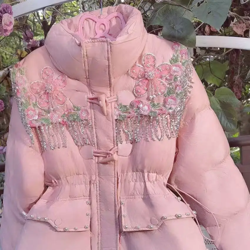 Women Girls Autumn Winter New Trend Slim Down Coat Handmade Sequin Beaded 3D Flower Thickened Down Coats White Duck Down Jackets