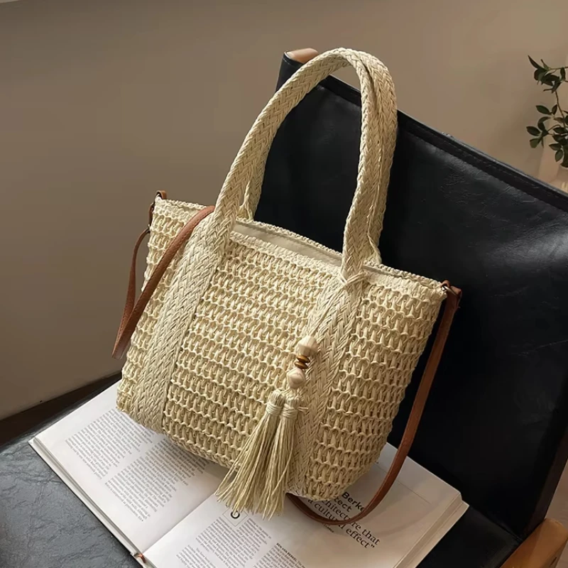 

Summer Lazy Wind Large Capacity Straw Weaving Sweet Tote Bag 2026 Fashion Versatile Casual Concise Commute Women's Shoulder Bags