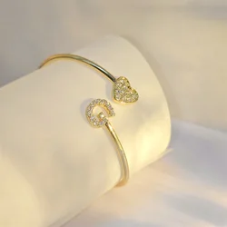 Doremi 9mm Zircon Letters Bangle Plain Letter Charm Stragger Initial Bracelet Women Gold Gift Jewelry