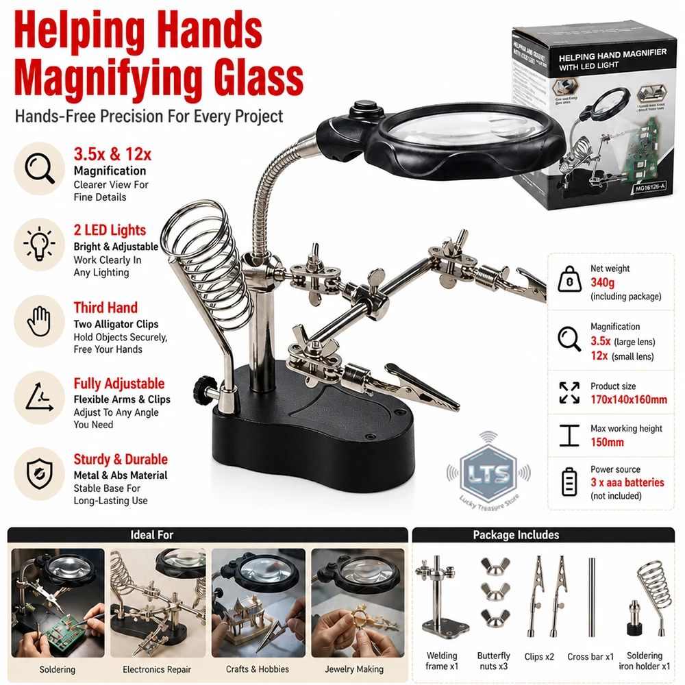 3.5X 12X Helping Hands Third Hand Soldering Iron Welding Stand Station with 2 LED Clip Welding Magnifier Magnifying Glass 2026