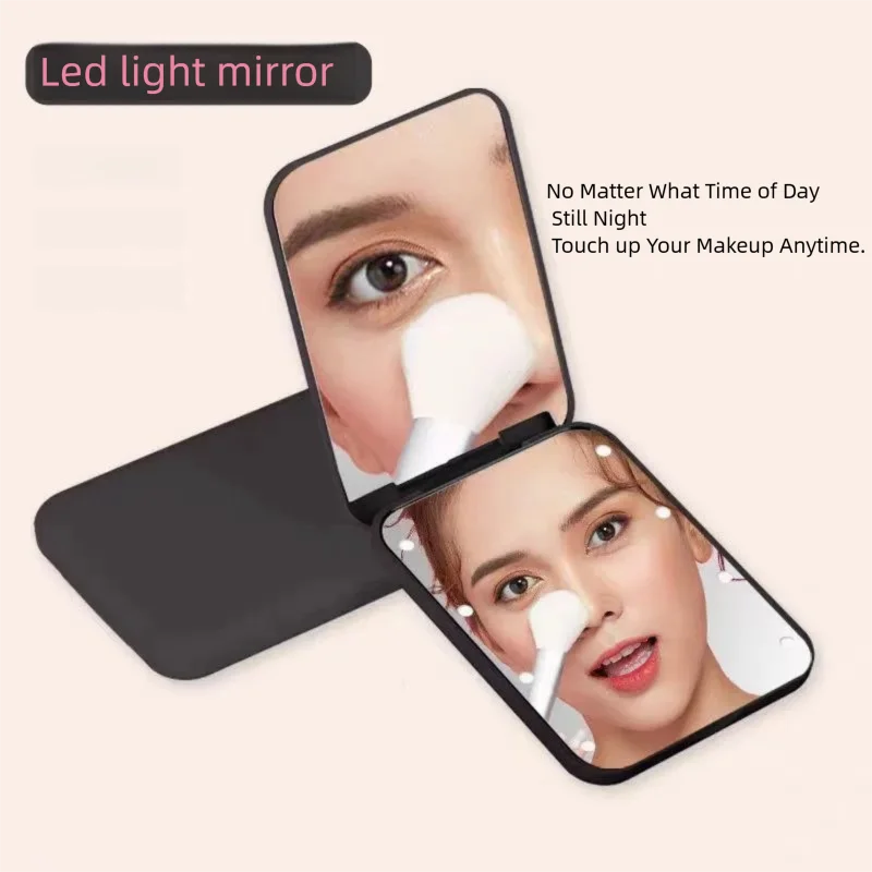 2x espejo de aumento mini espejo de mano plegable tapa LED con luz espejo de maquillaje espejo de tarjeta portátil