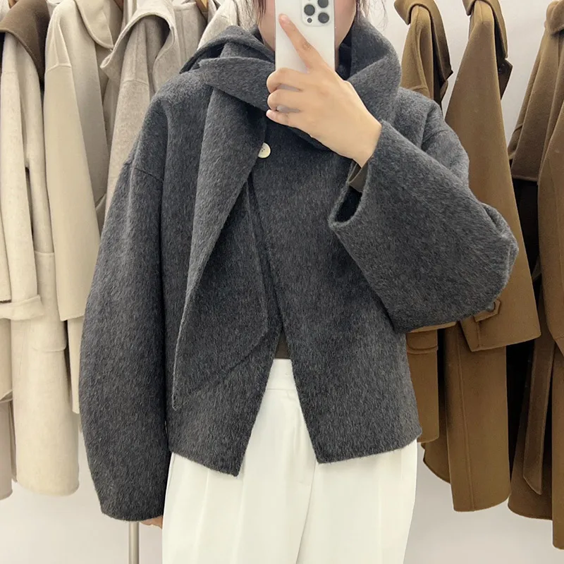 New Fashion New Scarf Collar Short Cashmere Coat Women\'s Casual Loose Wool Jacket