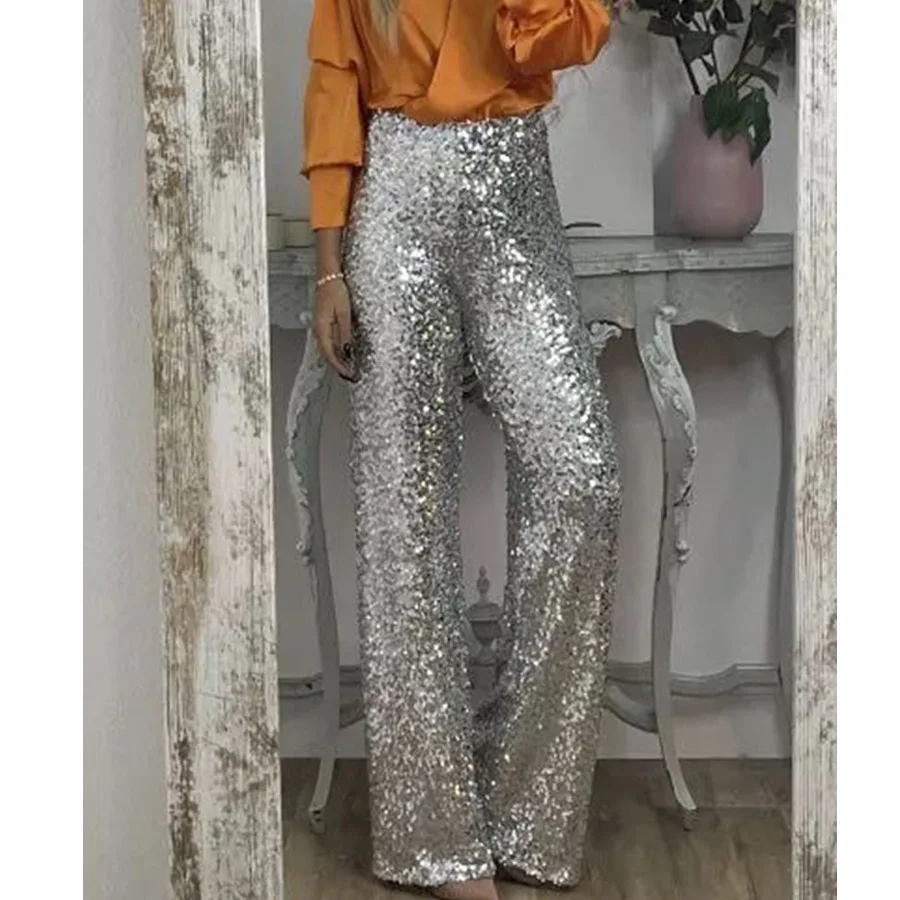 Trendy Solid Color Sequin Pants Women Spring Summer New Fashion Slim Stretch Flared Trousers Female Temperament Commuting Outfit