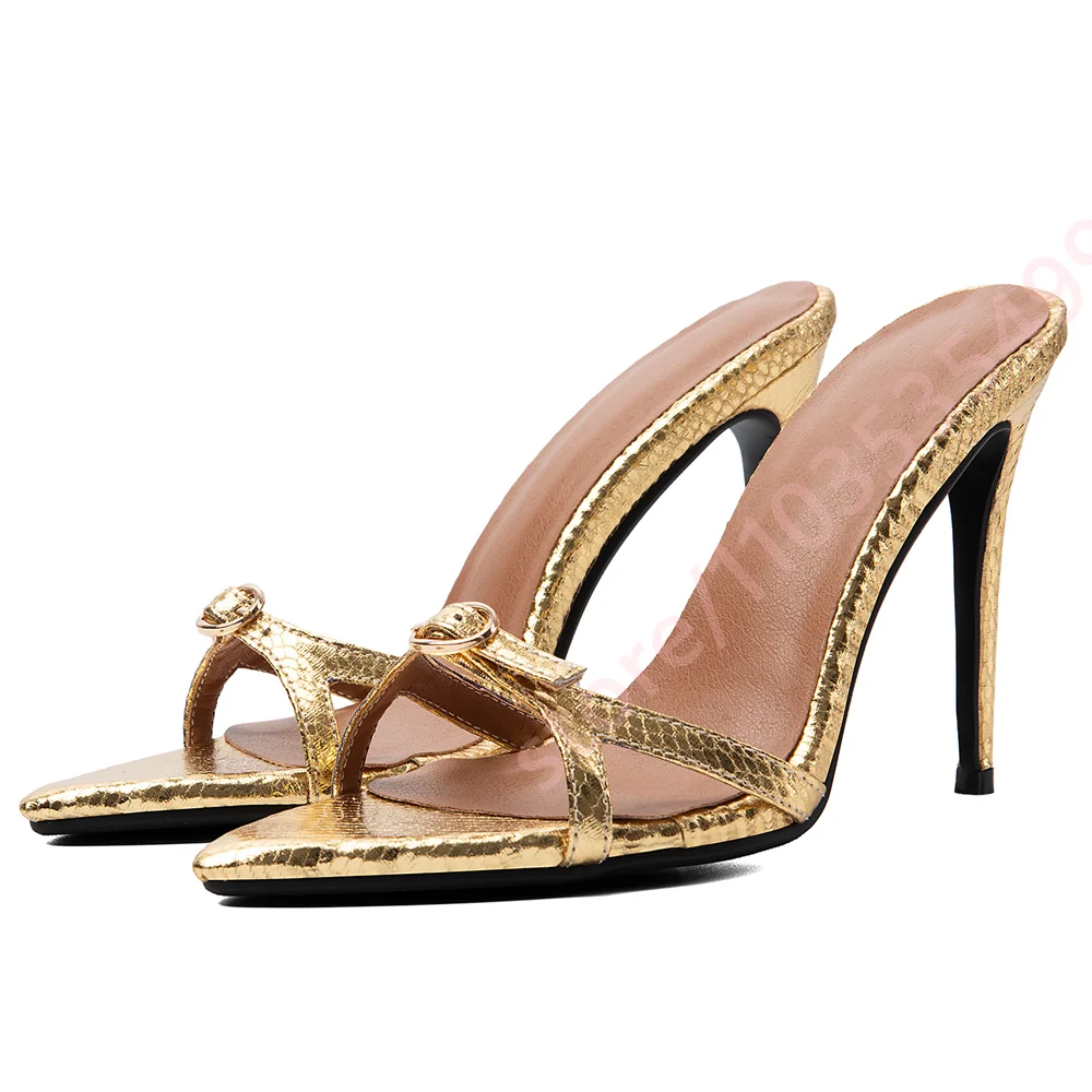 Women Gold Snake Print Mule Sandals 2026 Open Toe Metal Ring Buckle Thin Strap Slip‑On Stiletto Evening Party Dress Slipper Shoe view 4