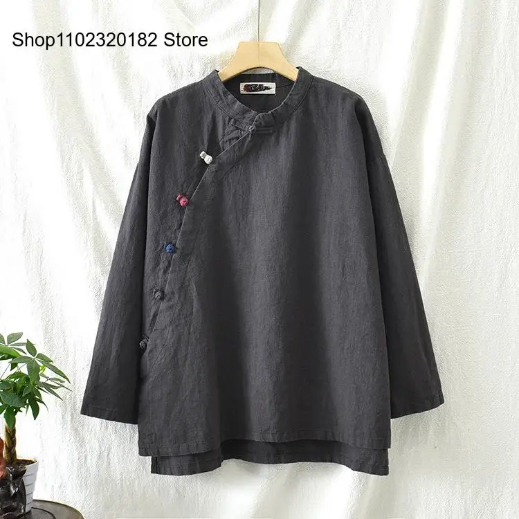 Spring New Chinese Style Button Loose Blouses Shirts Women Vintage Cotton Linen Shirts and Tops Stand Long Sleeve