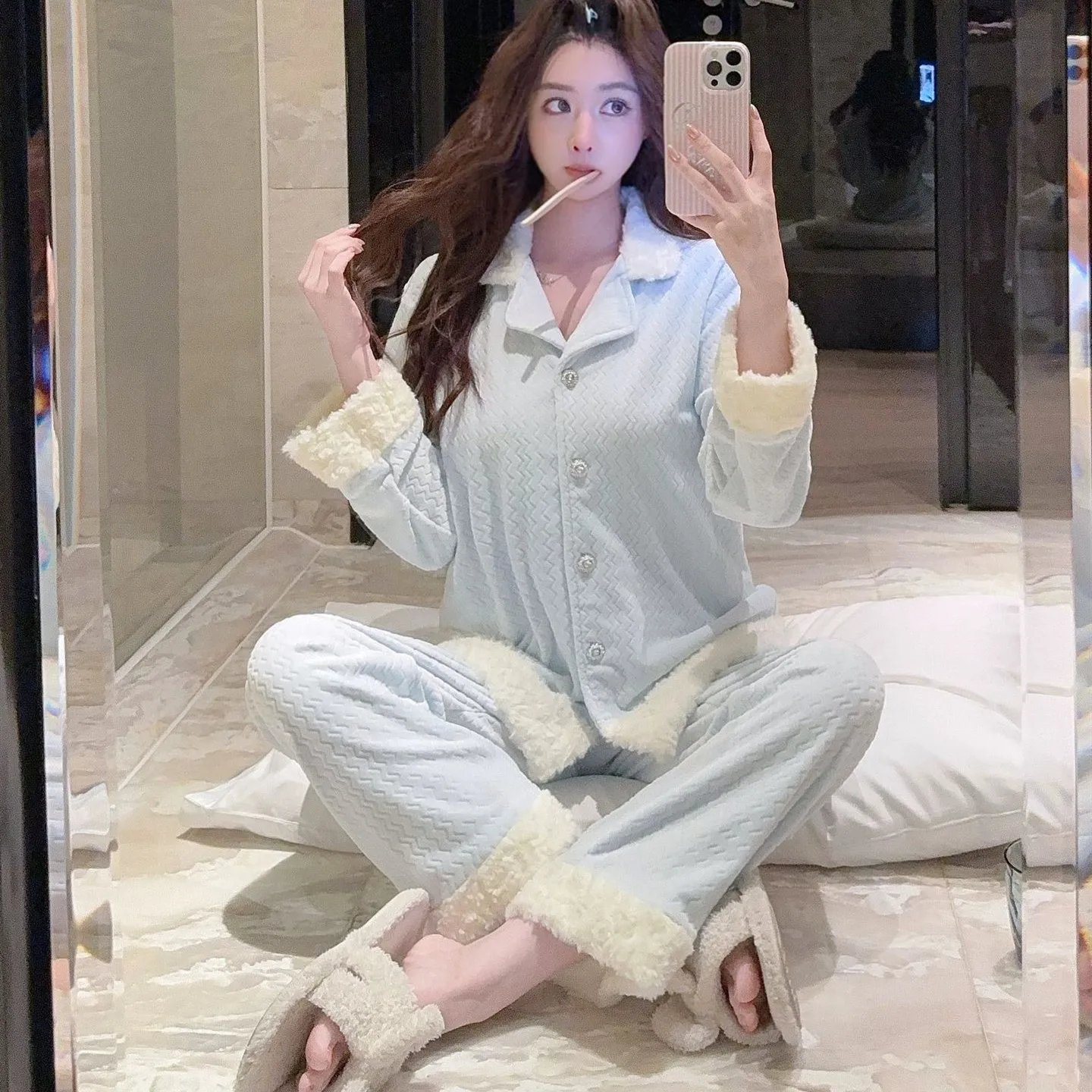 Flannel Pajamas Women Plush Princess Style Loungewear Loose Home Clothes Korean Winter Warm Sleepwear