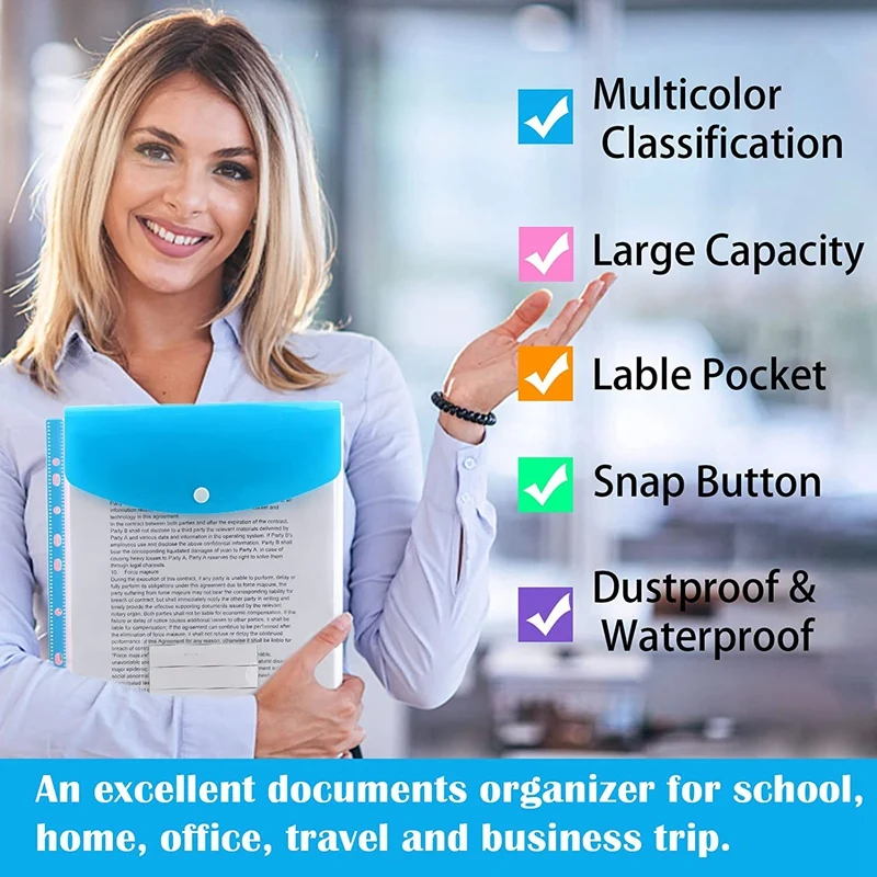 A4 Poly Envelope File Folder with Snap Button Waterproof Bag Money Bill Notebook Stationery Holder Office Documents Organizer